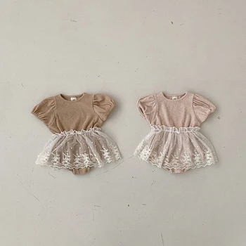 Детская одежда Летняя принцесса, боди с пышными рукавами для маленьких девочек, хлопковый цельный комбинезон в рубчик + сетчатая юбка, комплект из 2 предметов для малышей