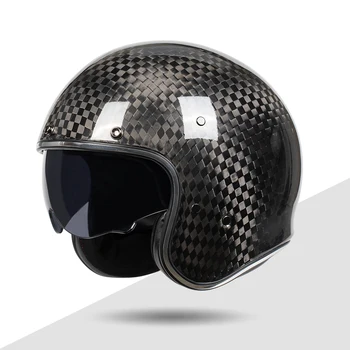 Для женщин и мужчин Глянцевый Черный Мотоциклетный шлем из углеродного волокна с открытым лицом, Выдвижной козырек, Винтажные Шлемы для скутеров Vesp Honda