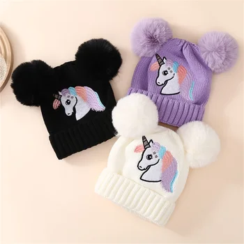 Зимняя вязаная шапочка для девочек Легкая шапочка с вышивкой Шапочка для малышей с плюшевыми шариками