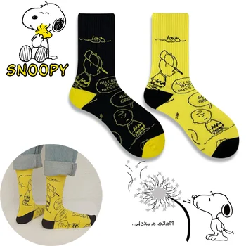 Носки Snoopy средней длины для мальчиков, мужчин и девочек, хлопковые зимние носки желтого цвета с рисунком Каваи, модные креативные спортивные носки для скейтборда