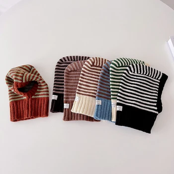 Осень-зима, Новая теплая вязаная шапка в полоску для новорожденных, Однотонный модный пуловер, детские Ветрозащитные наушники, Вязаные шапочки
