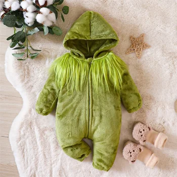 Флисовый комбинезон для маленьких мальчиков и девочек, зеленый пушистый костюм астронавта, комбинезон с вышивкой, рождественские наряды для малышей