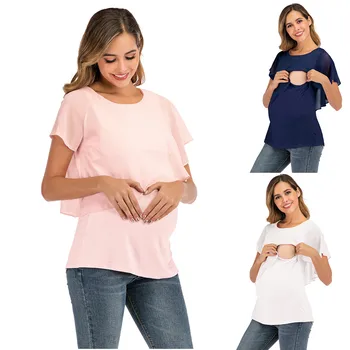 Футболка для беременных, женская Нерегулярная Шифоновая Лоскутная футболка для грудного вскармливания, Повседневные Топы с коротким рукавом, Базовые Топы для кормления грудью