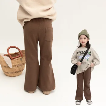 Штаны для девочек 2023, осенние новые брюки-клеш для девочек, детские брюки в корейском стиле, модные однотонные облегающие микро-брюки для девочек, одежда для девочек
